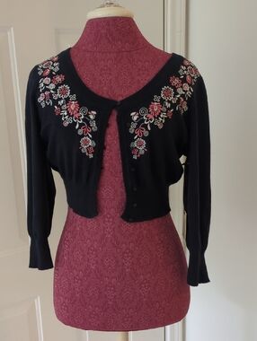 Navy Blue Cardigan Sweater with Pink & White Floral Embroidery